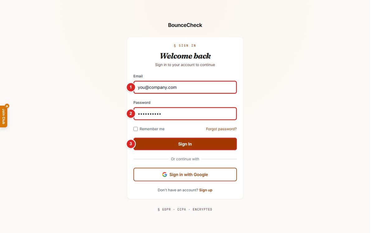 Login screen with email, password and Sign In button highlighted