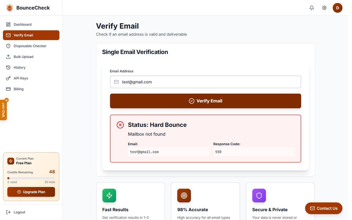 Verification result showing status, email and response code