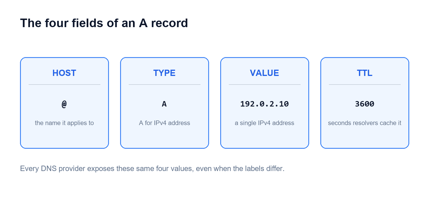 The four fields of an A record shown as cards: Host set to @, Type set to A, Value set to 192.0.2.10, and TTL set to 3600