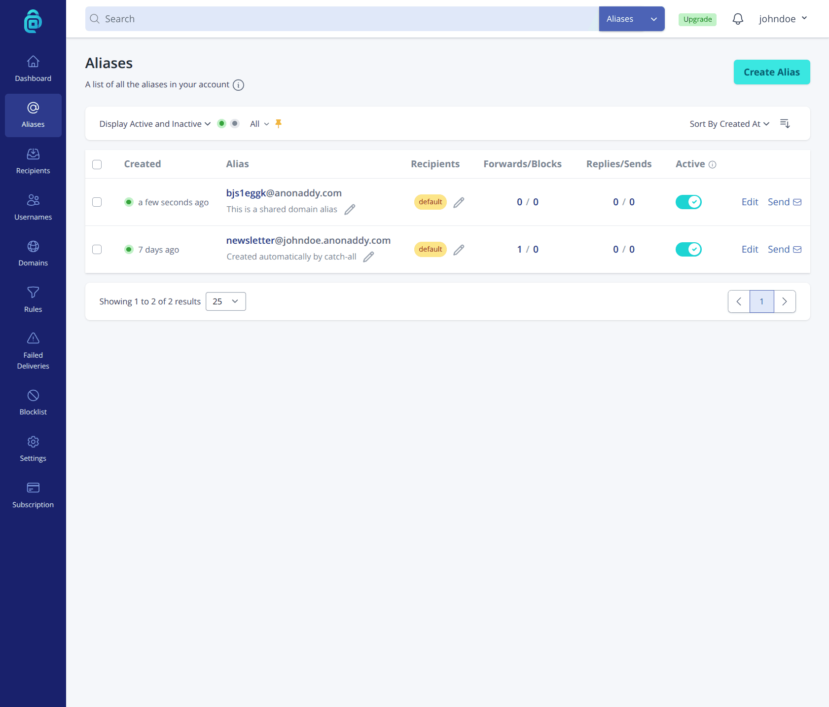Addy.io alias list with a Replies and Sends column and a Send action beside each alias