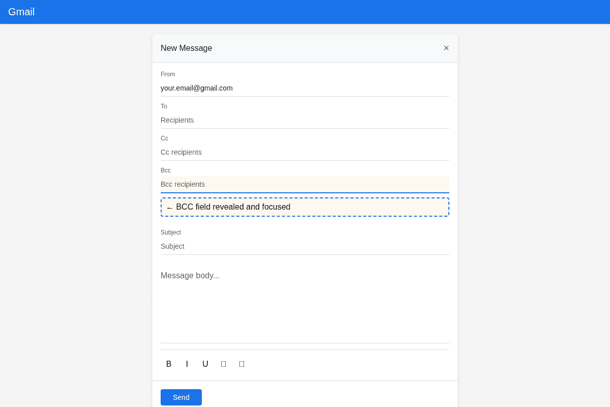 Email compose window showing the To, CC, and BCC recipient fields with the BCC field highlighted