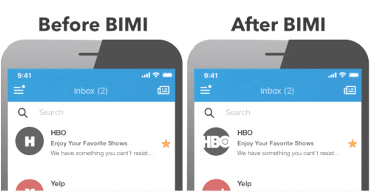 An inbox shown before and after BIMI, with the sender brand logo added
