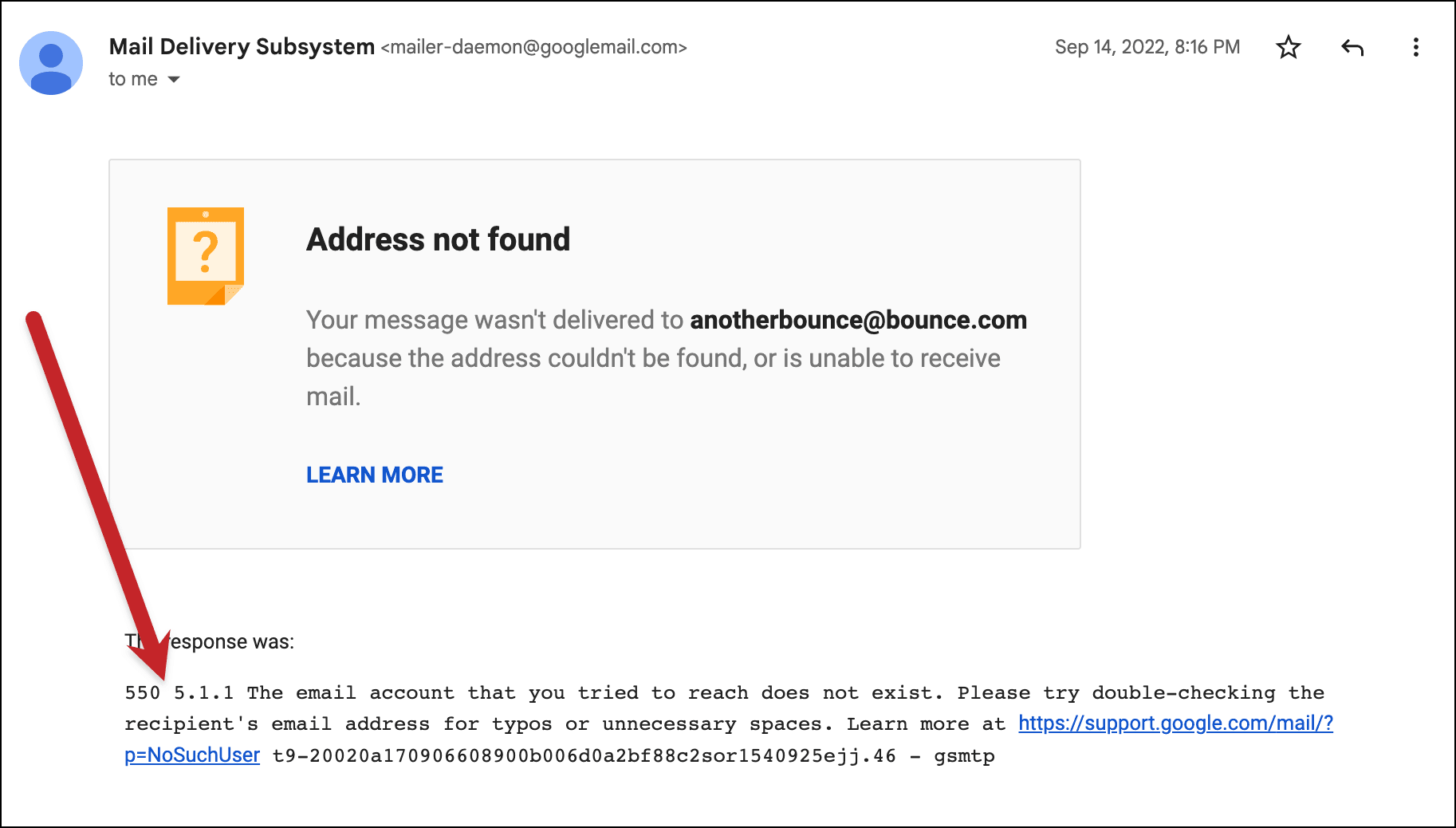 Example bounce codes shown in a non-delivery report
