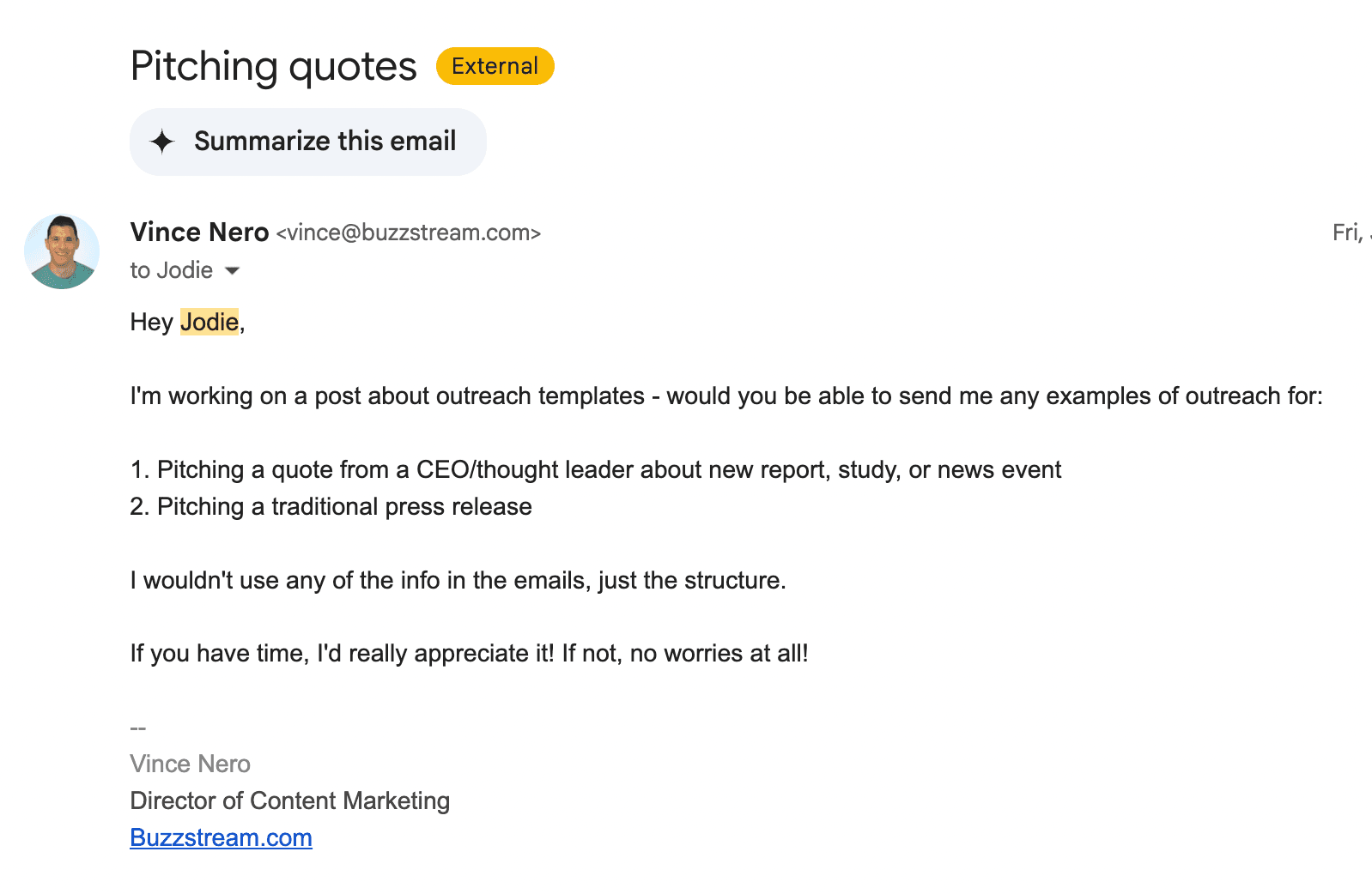 Buzzstream outreach template example