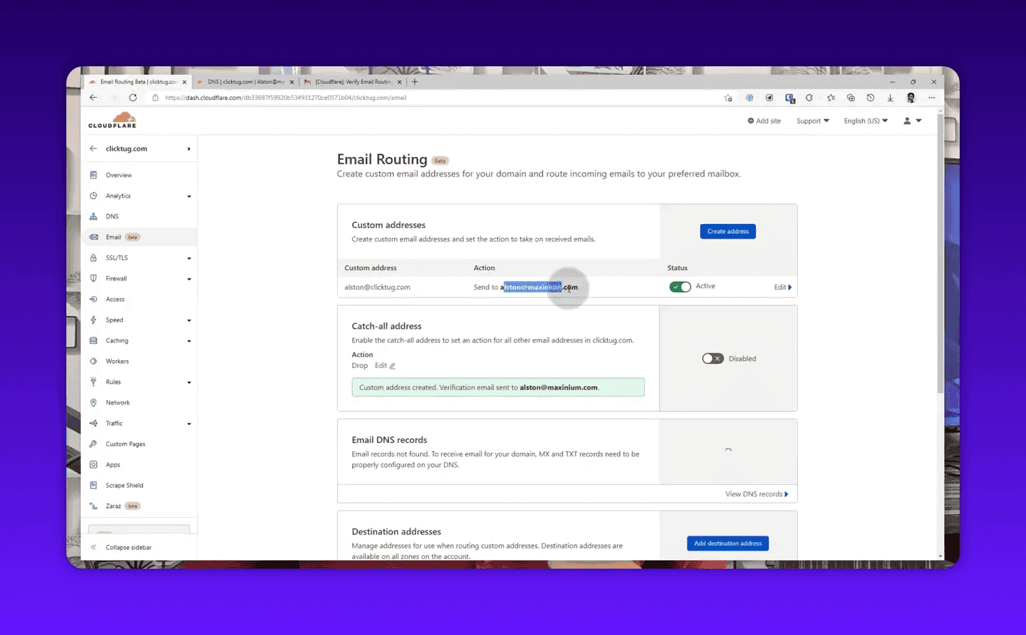Cloudflare Email Routing screen showing a custom address on a user-owned domain forwarding to a verified destination mailbox