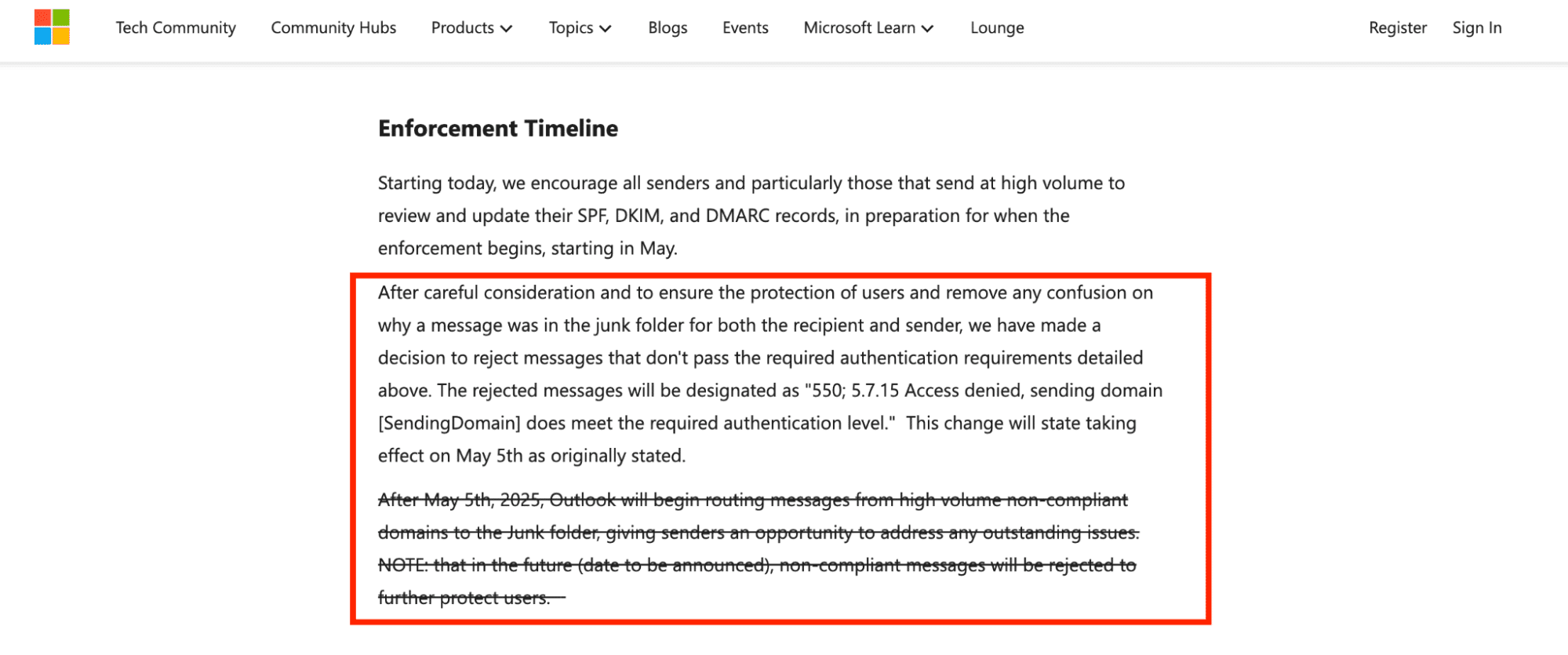 Side-by-side comparison chart of Gmail, Yahoo, and Microsoft bulk sender enforcement rules