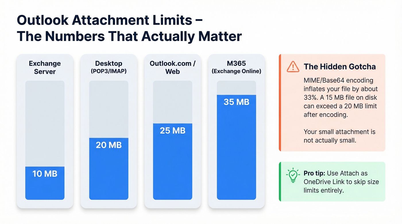 Comparison chart of Outlook and Exchange Online message size limits, another queue setting worth checking when a recipient server appears unreachable