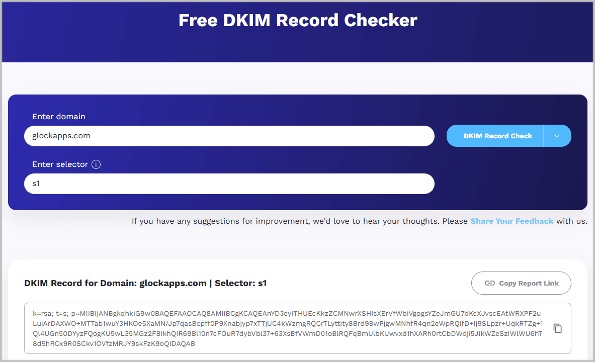 A DKIM record checker tool showing a domain's published public key