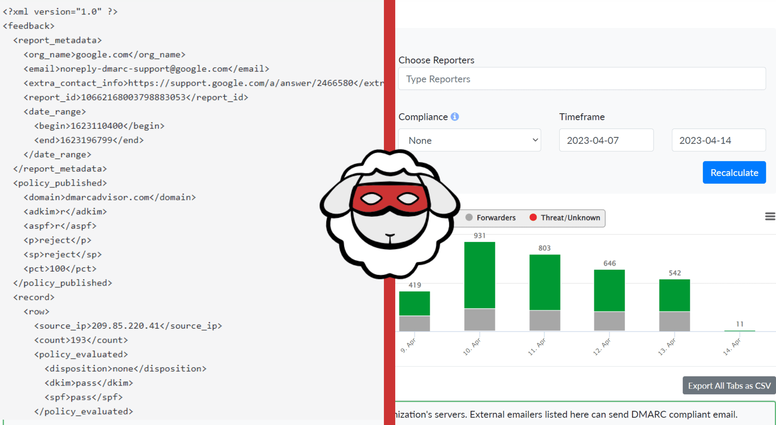 Example of a raw DMARC aggregate report XML file showing the report metadata and policy published sections