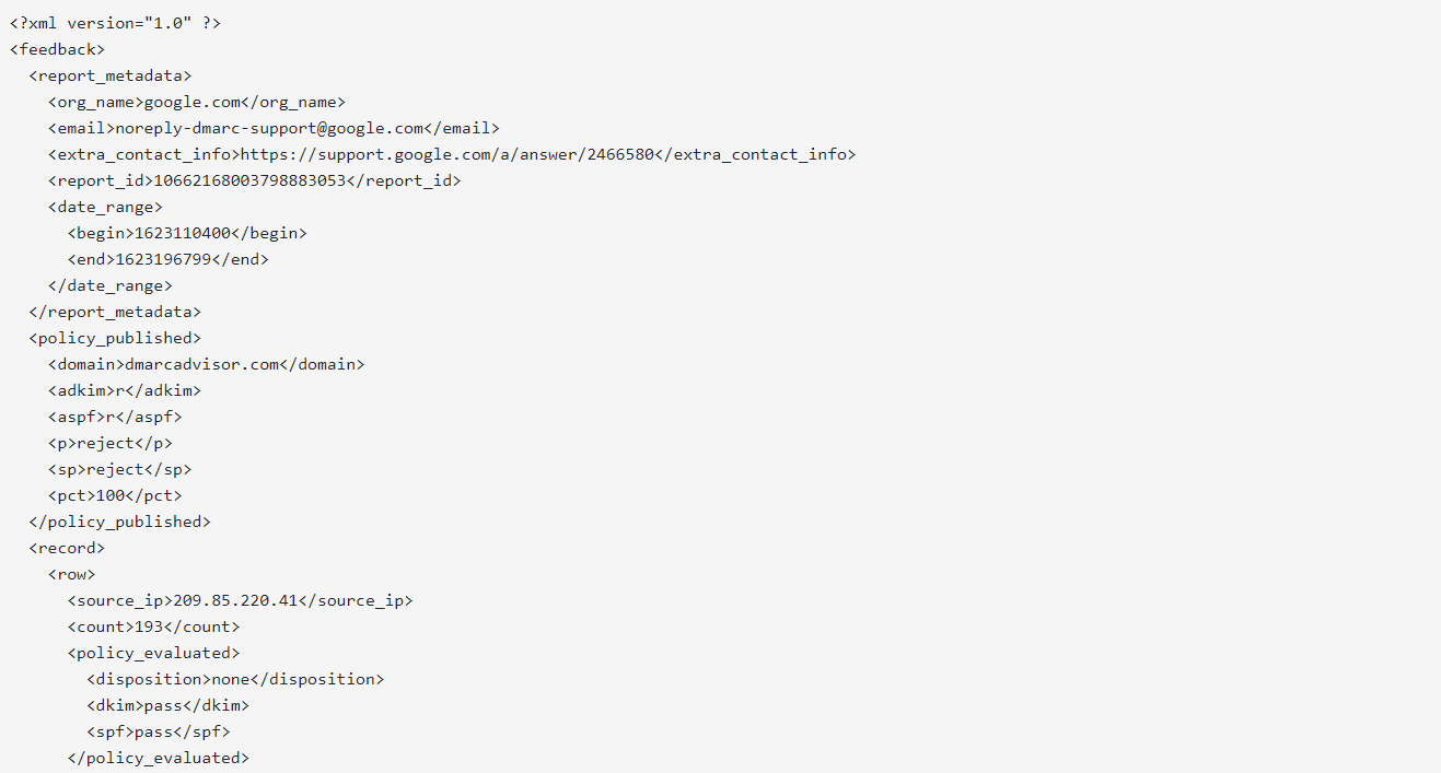 Raw XML record rows in a DMARC aggregate report showing source IP, SPF and DKIM results, and the evaluated disposition