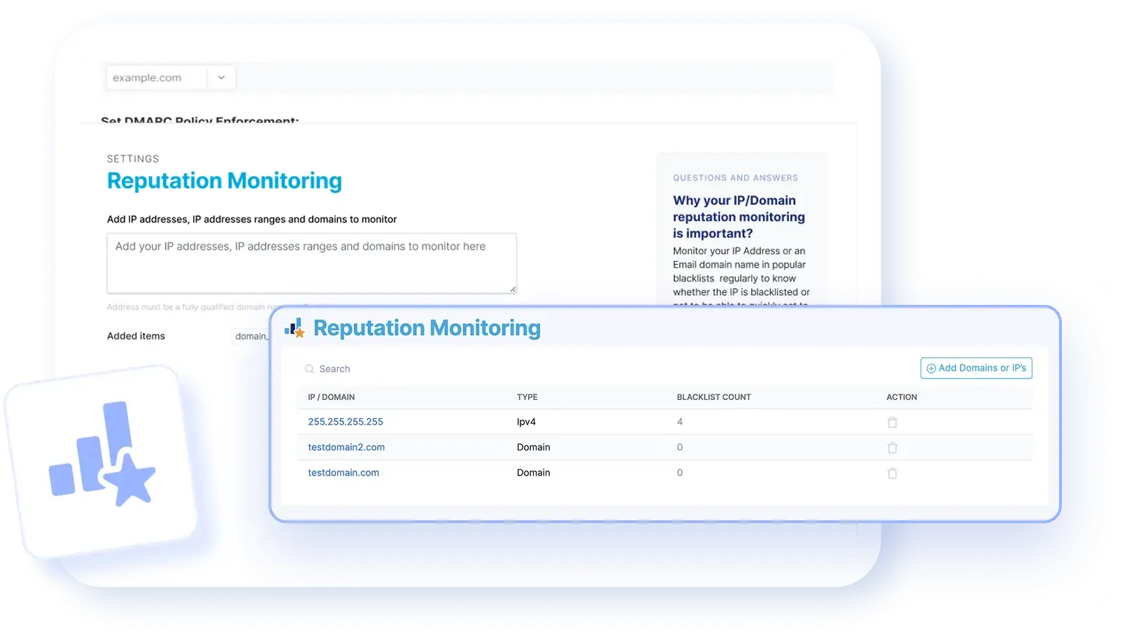 Domain reputation monitoring dashboard tracking blacklist status and authentication results
