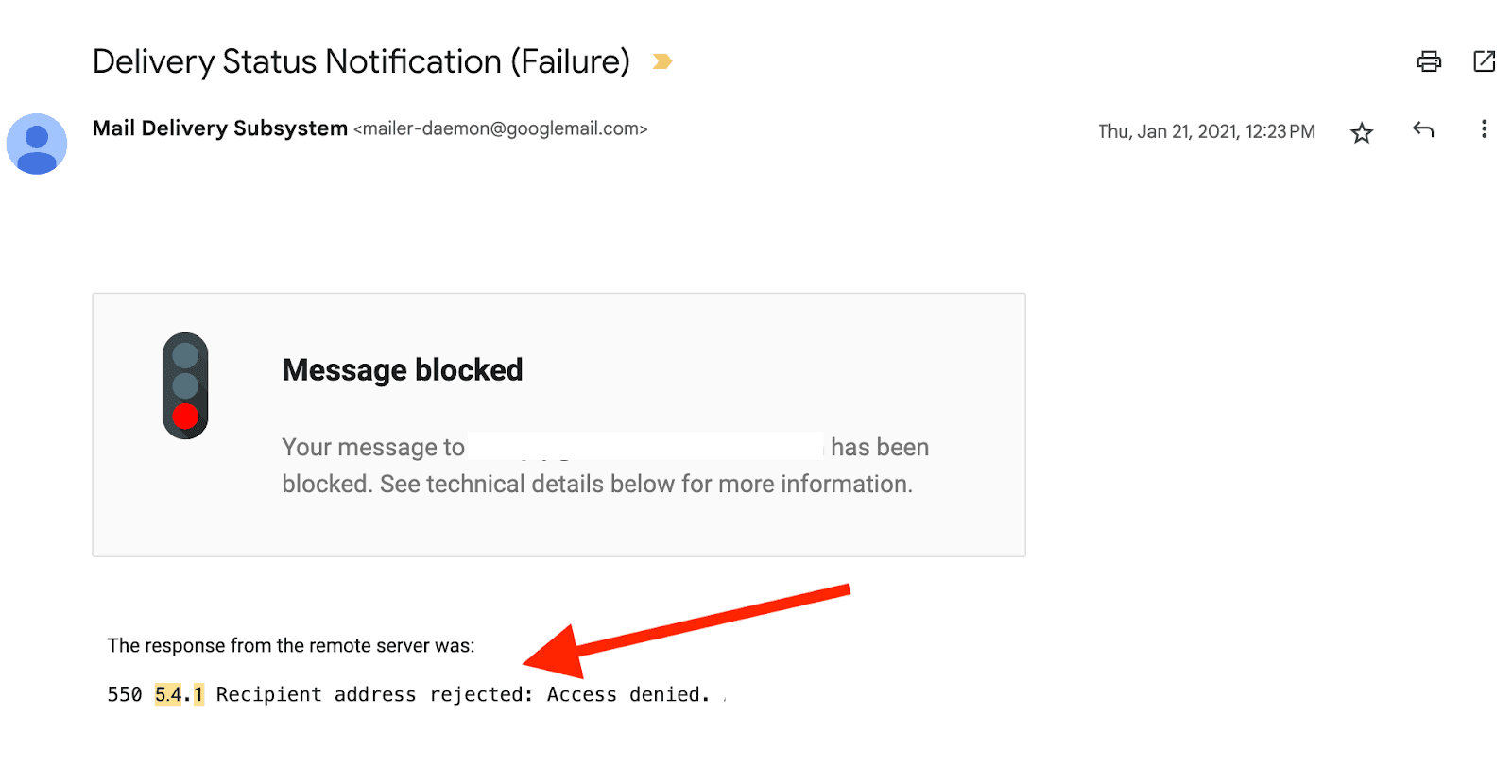An email blocked by a mailbox provider