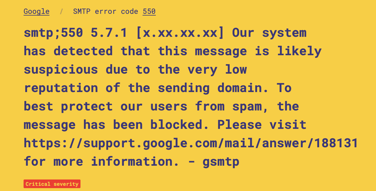 Example of an SMTP 550 error message inside a delivery status notification
