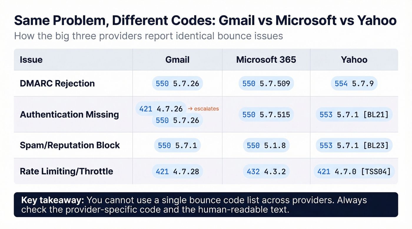 Gmail Microsoft Yahoo SMTP bounce code comparison for fixing 421 451 552
