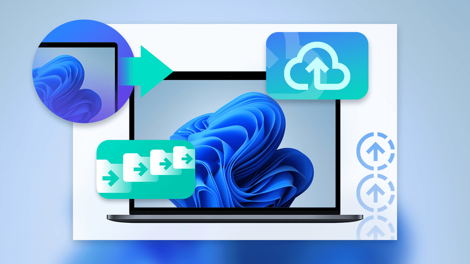 Laptop showing cloud upload and file transfer