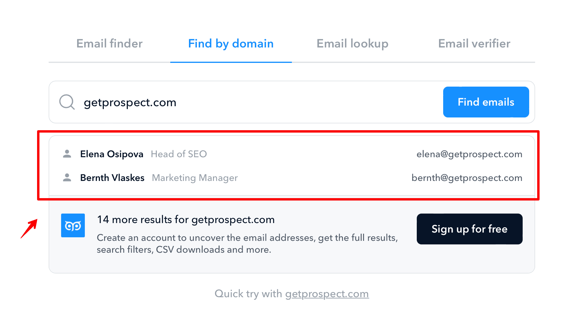 Email finder tool returning a verified business address from a search