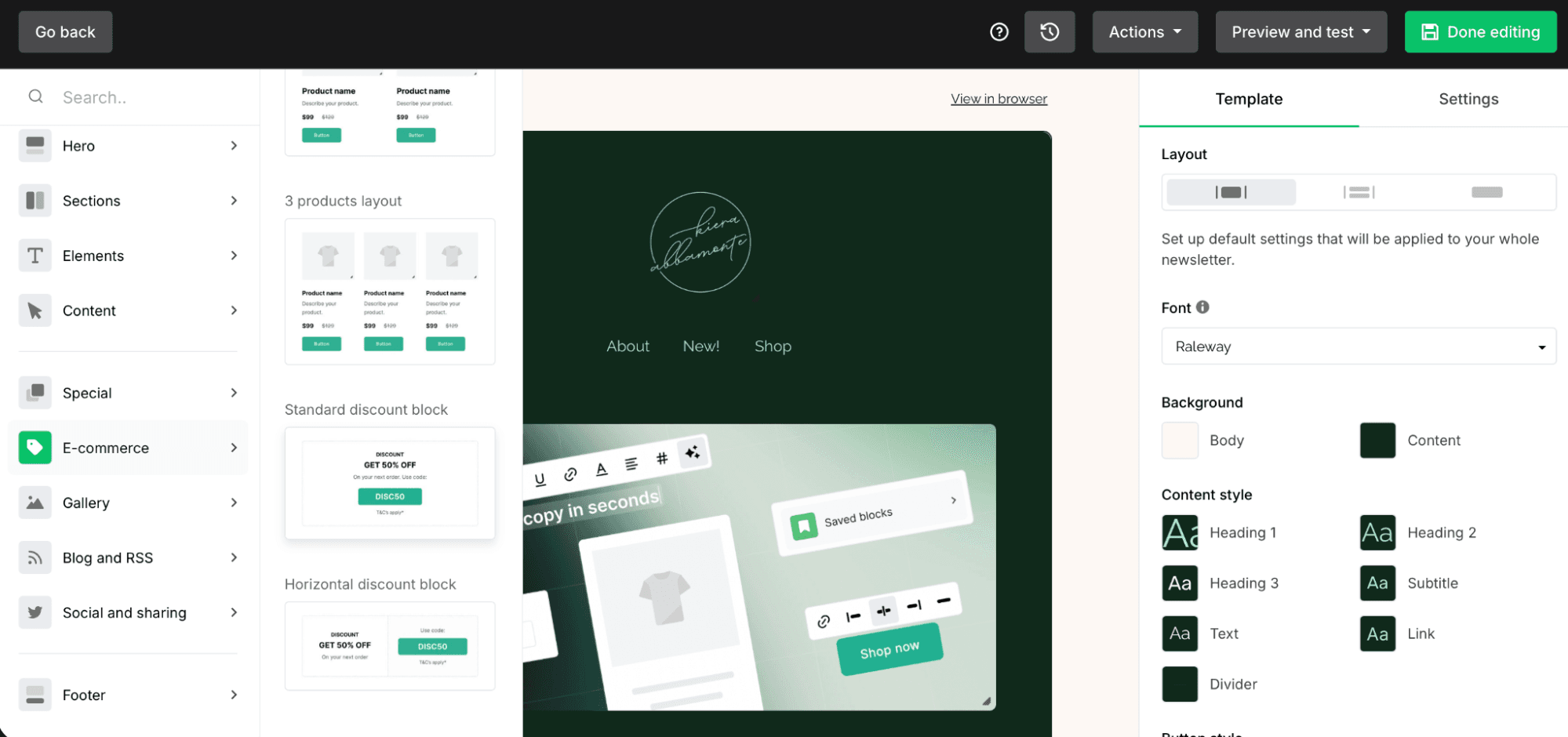 Drag-and-drop email builder inside an email marketing platform