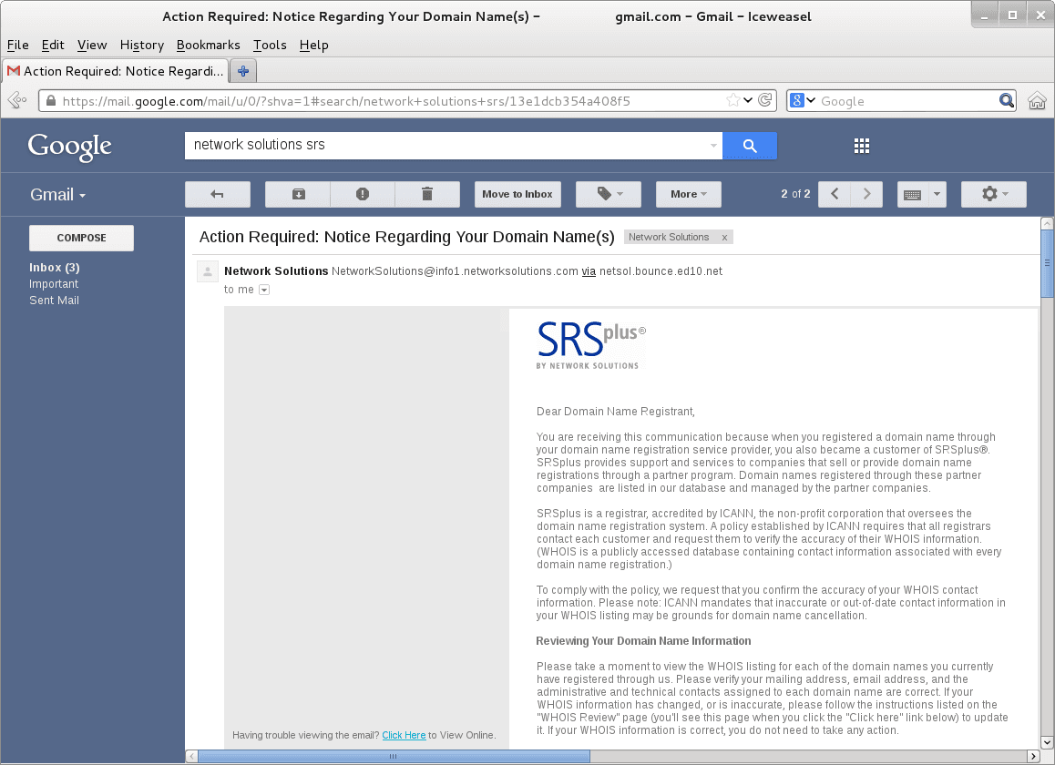 Notice email opened in a webmail client showing the sender address and message body