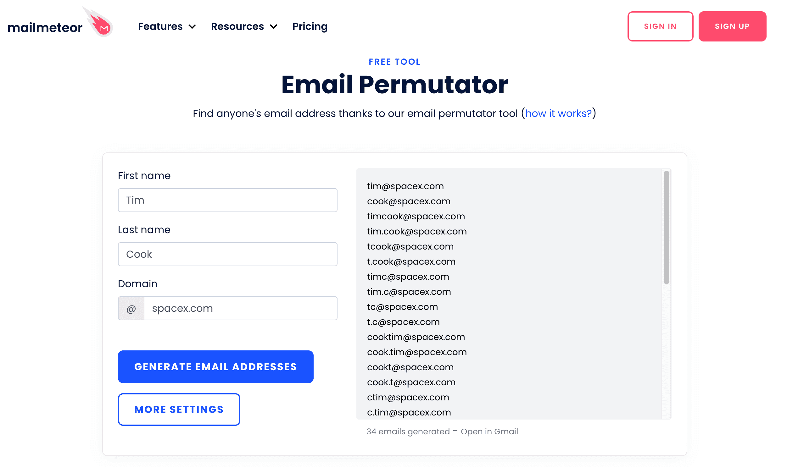 Email permutator generating address variations from a name and domain