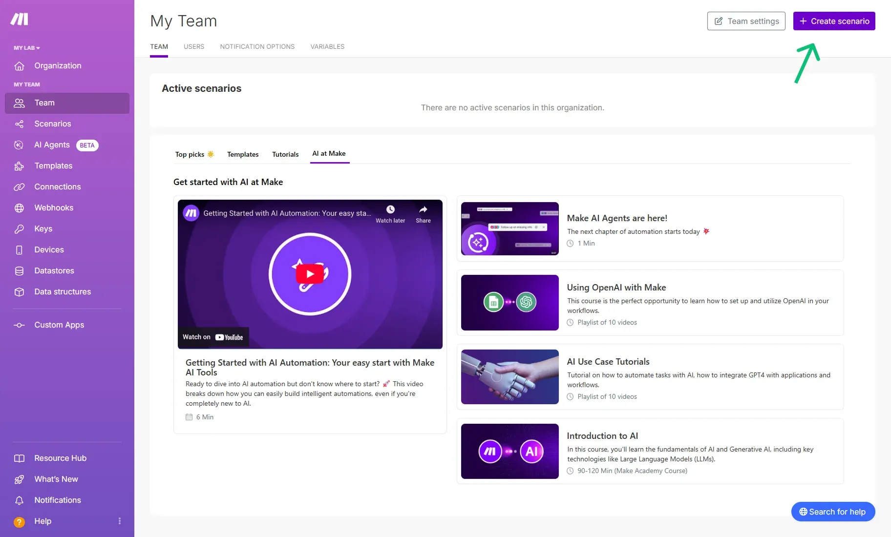 Create a new scenario in Make.com dashboard