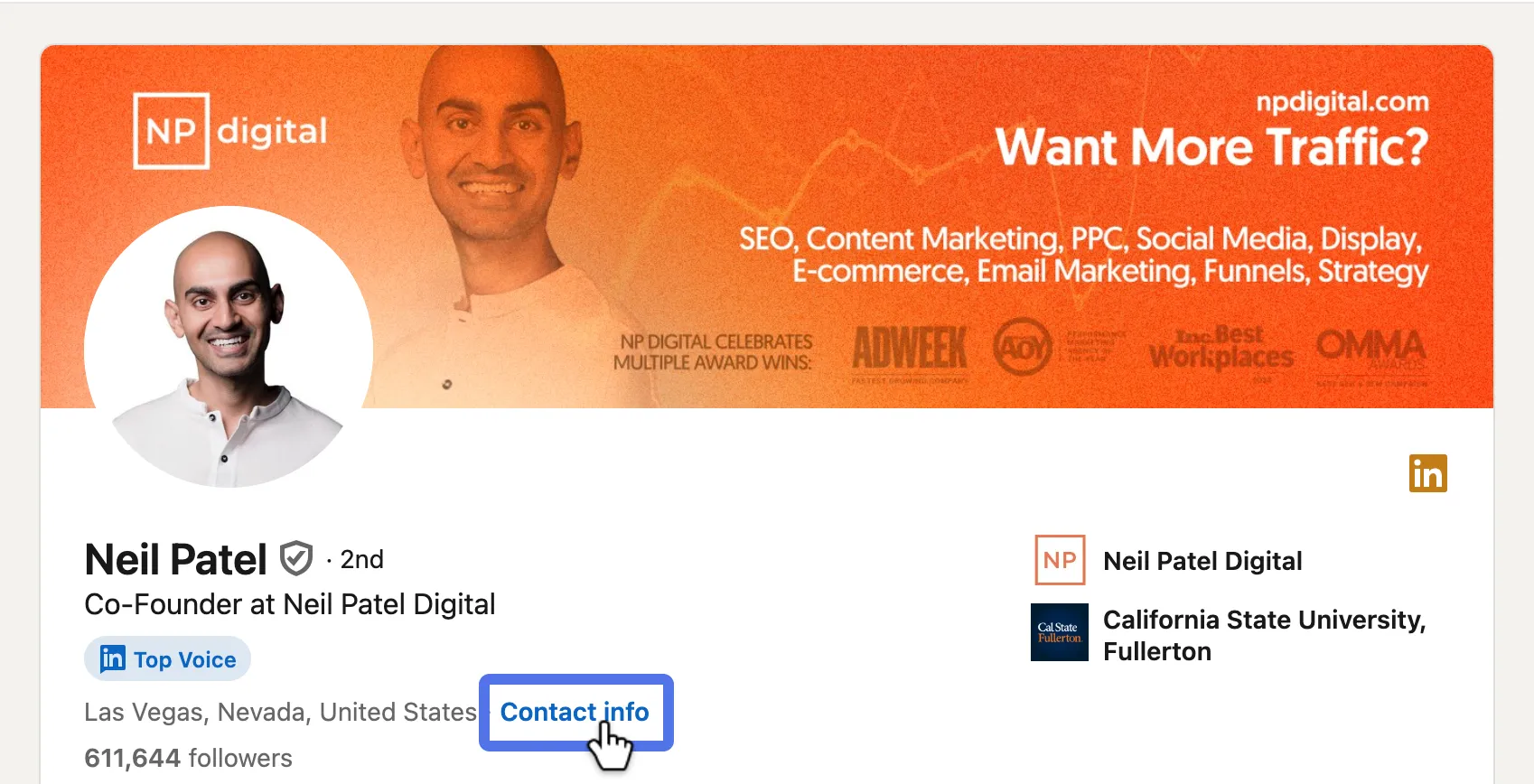 The Contact info button on a LinkedIn profile
