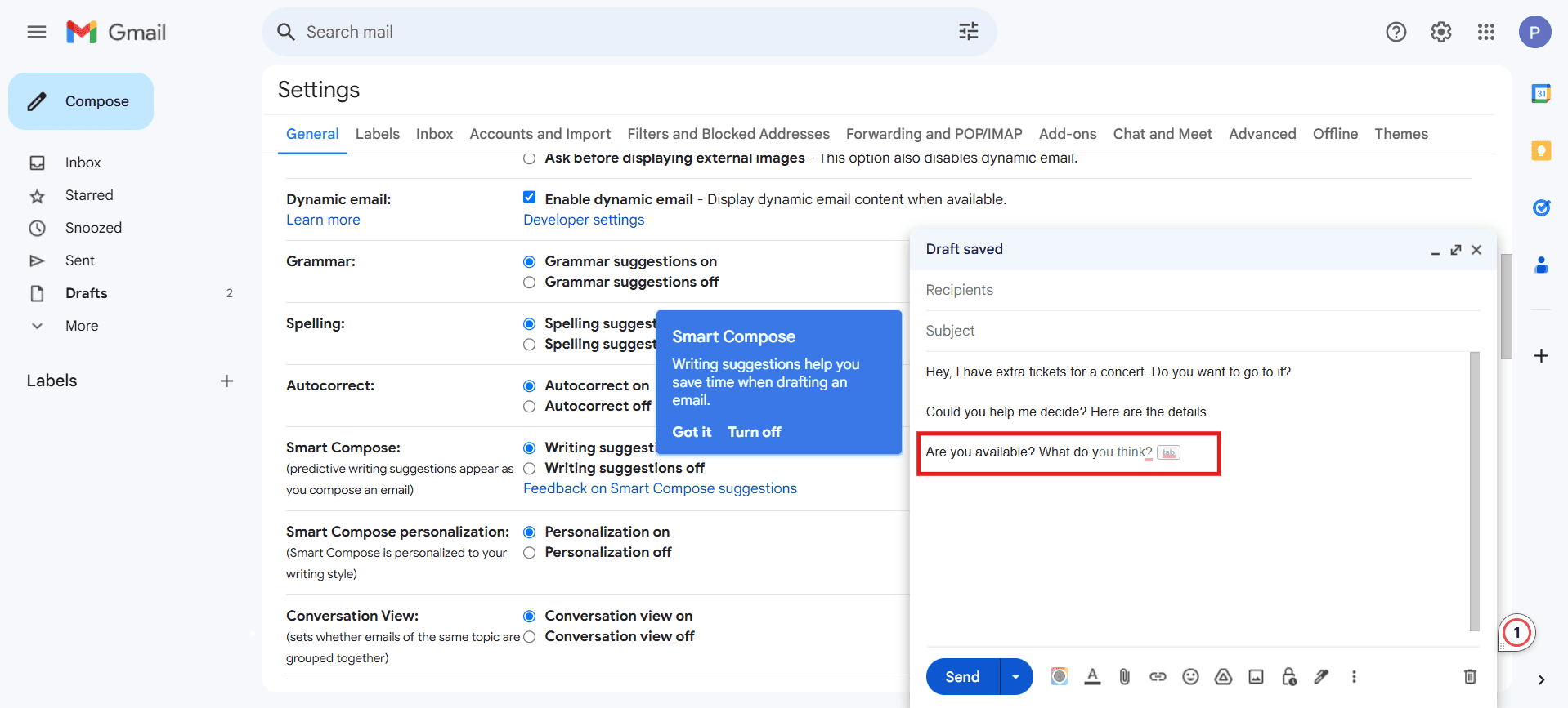 Gmail compose window with a message being written to a recipient