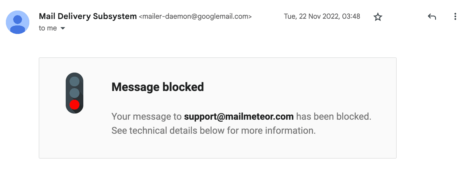A Gmail message blocked bounce notification