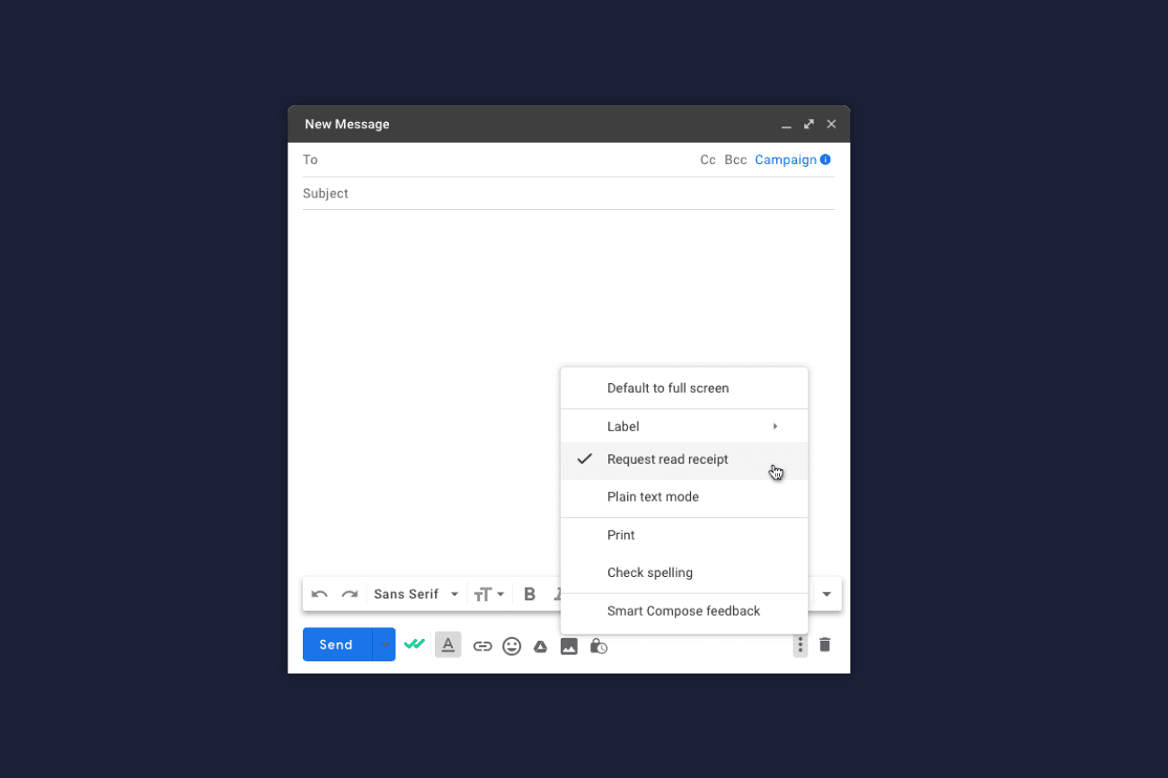 Gmail read receipt request option in compose window