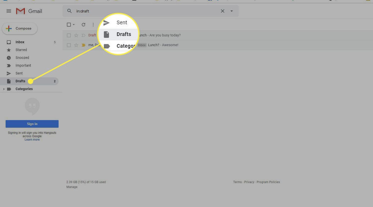 Gmail screen showing an unsent message held as a draft
