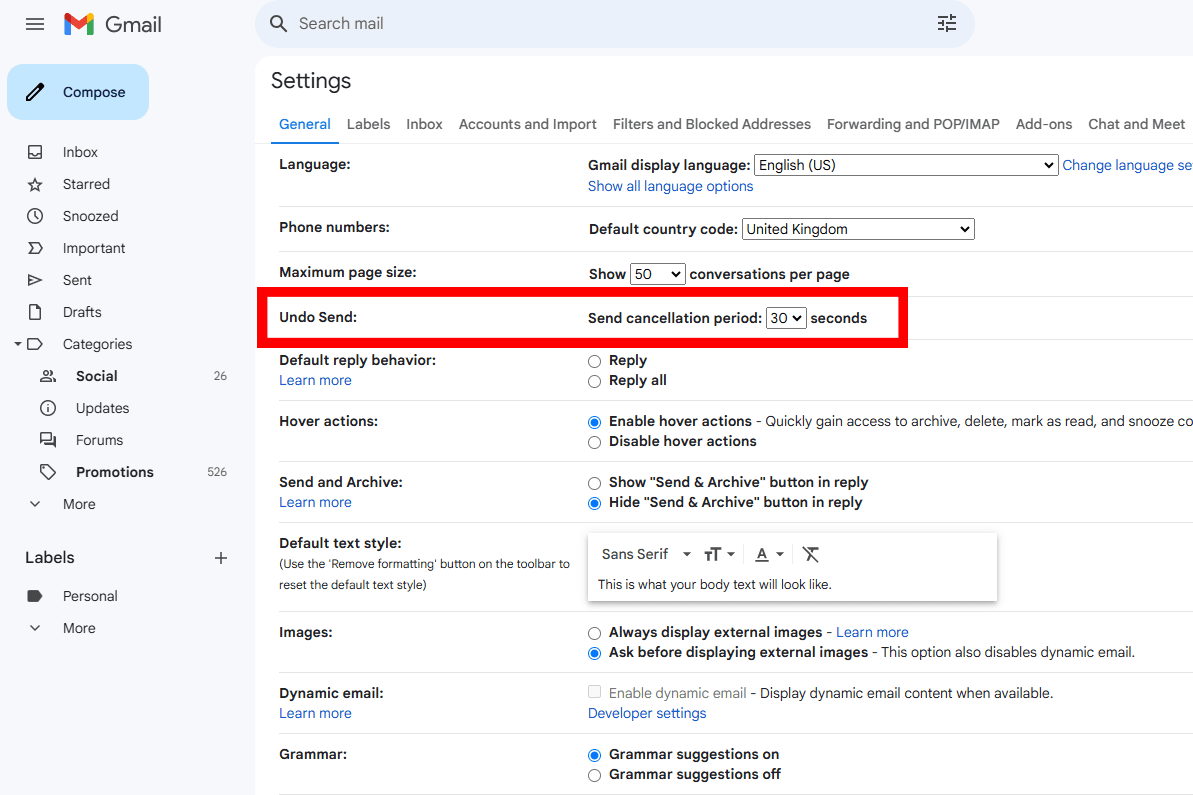 Gmail settings screen showing send-related configuration options