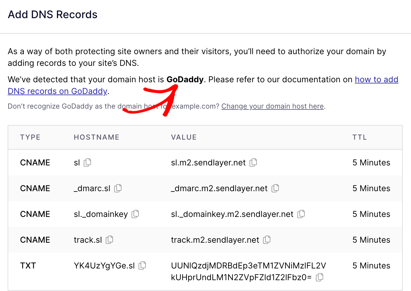 Adding a new TXT record with host @ in the GoDaddy DNS form