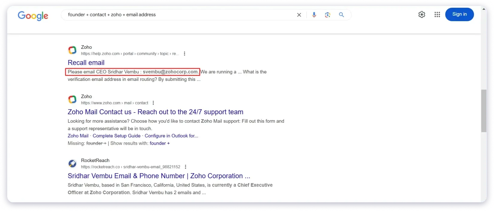 Using Google search operators to find a founder email address