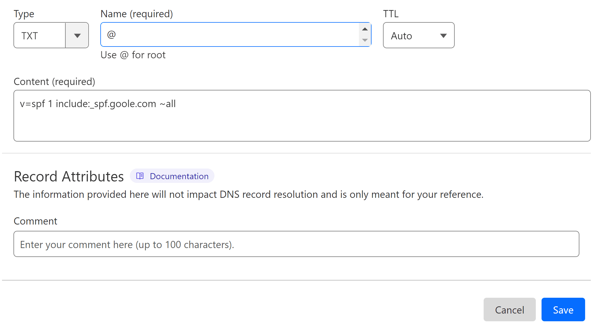 Adding a TXT record with the Google Workspace SPF value in a DNS manager