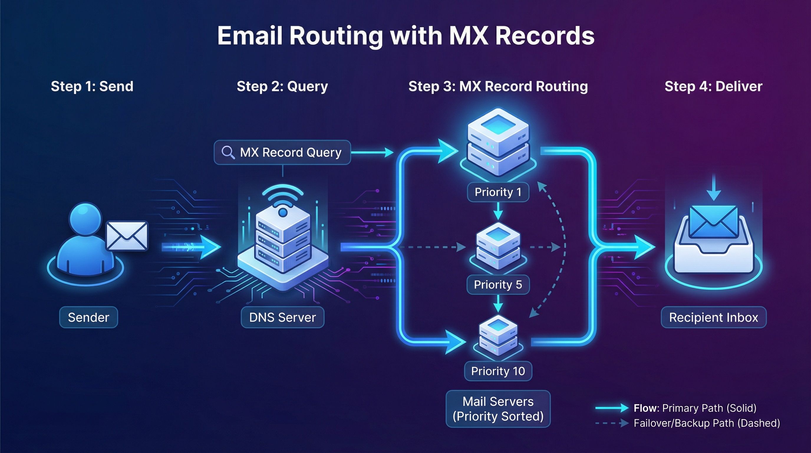 How email routing works through a DNS MX record lookup over SMTP