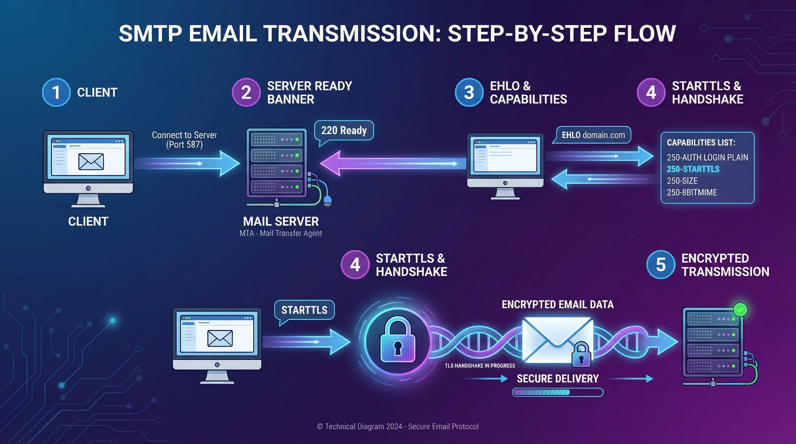 How SMTP works, with the sending server identifying itself to the receiving server during the greeting