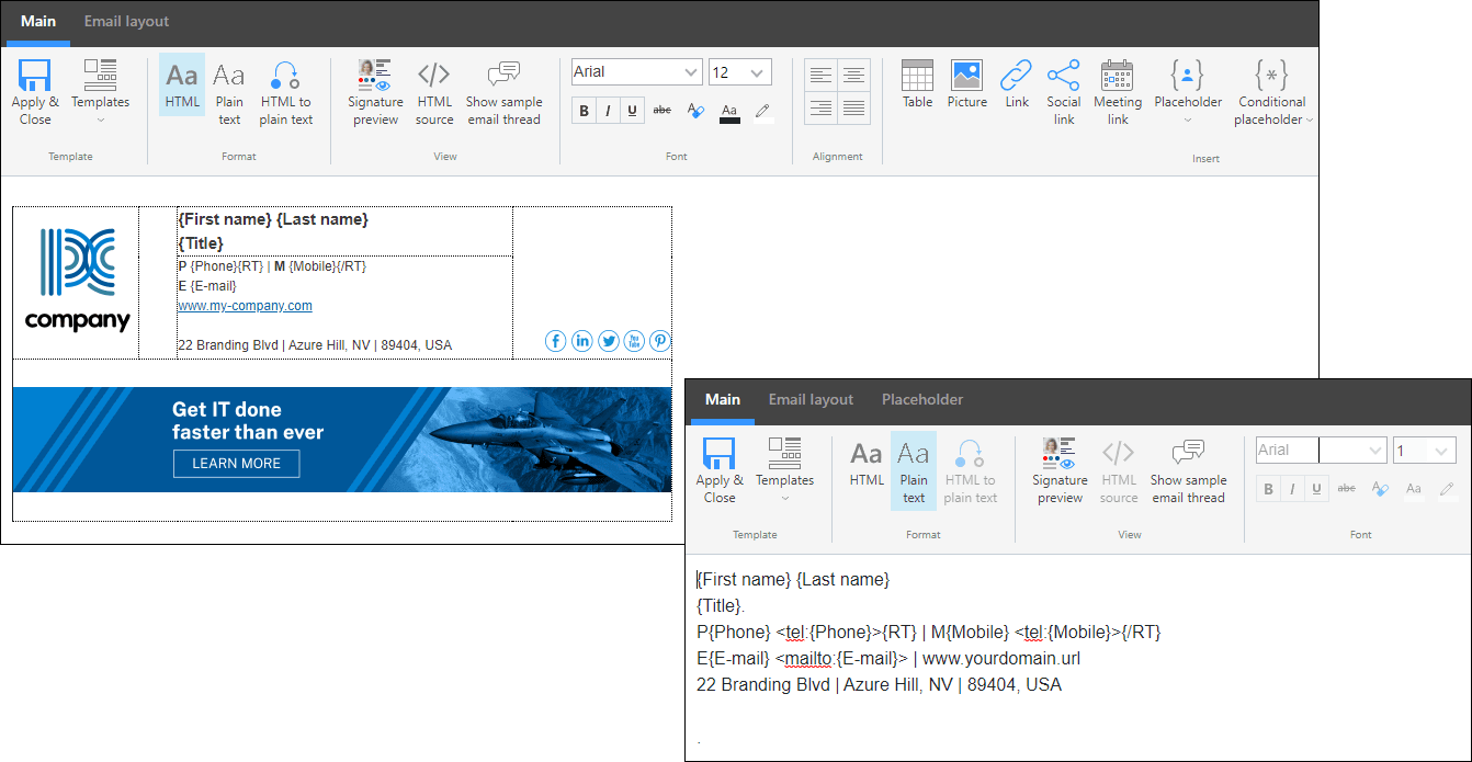 Interface converting an HTML email into plain text
