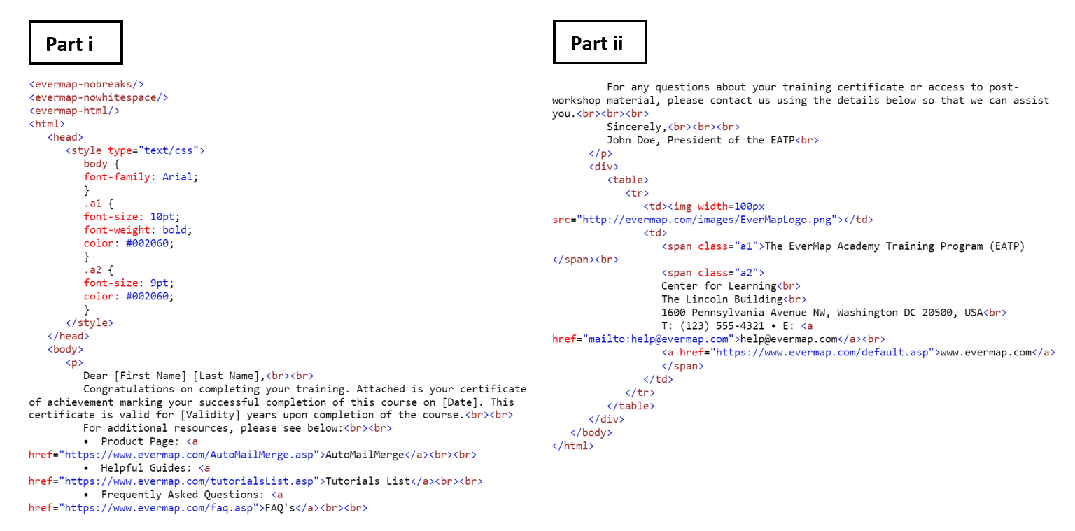 Formatting options for an HTML email message