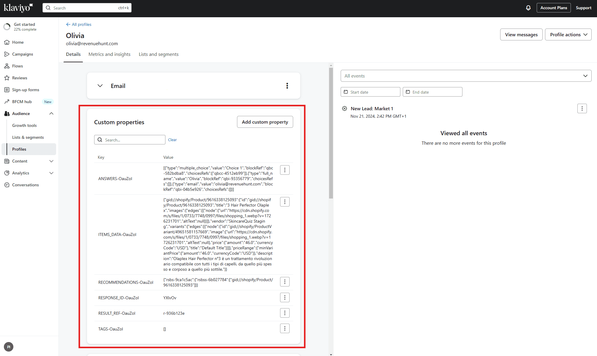 A Klaviyo customer profile synced from Shopify