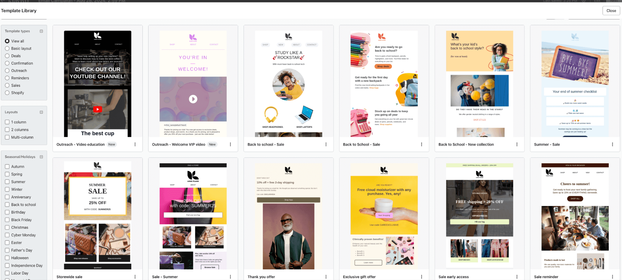 Klaviyo email campaign template library