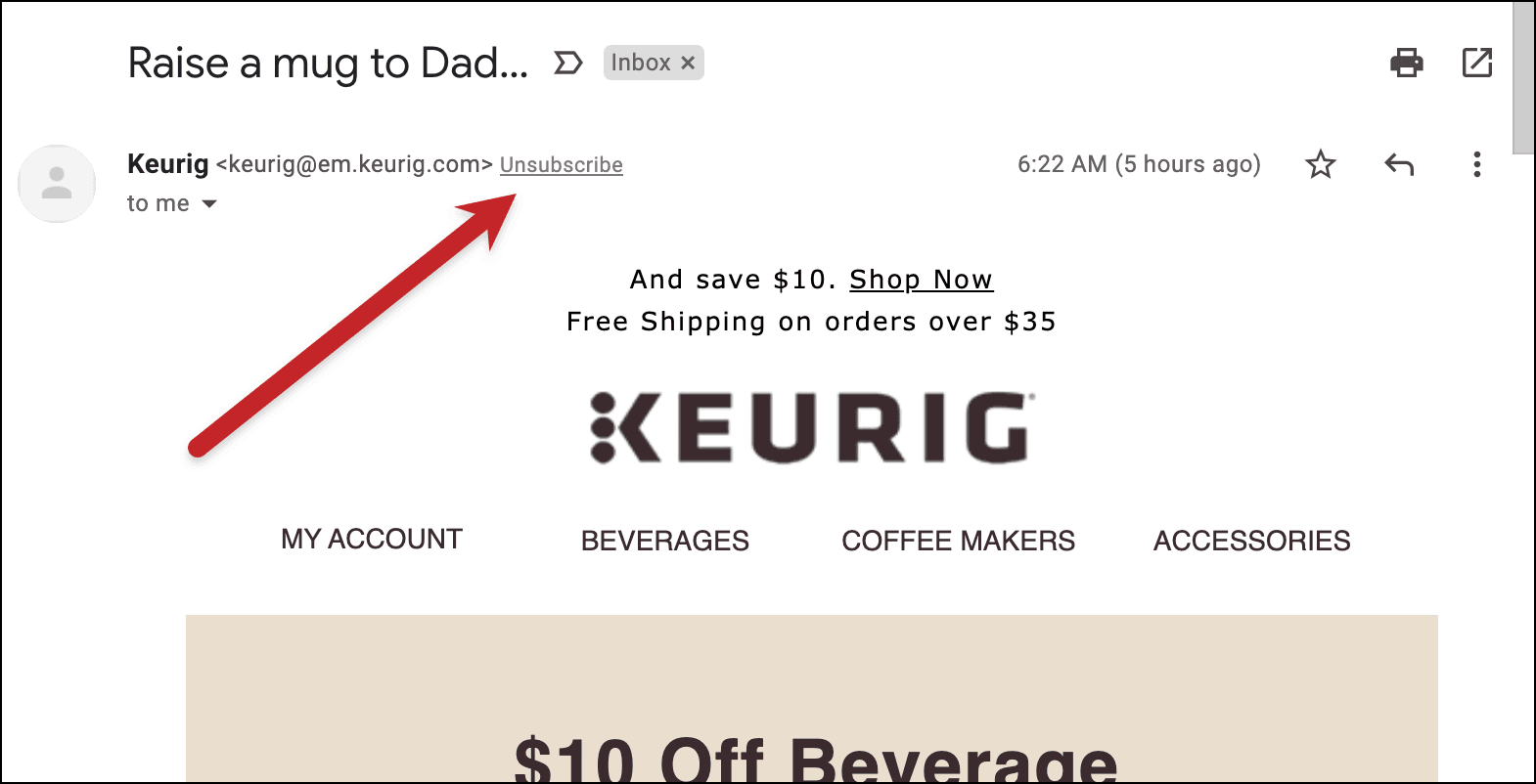 List-unsubscribe link shown at the top of an email in Gmail desktop