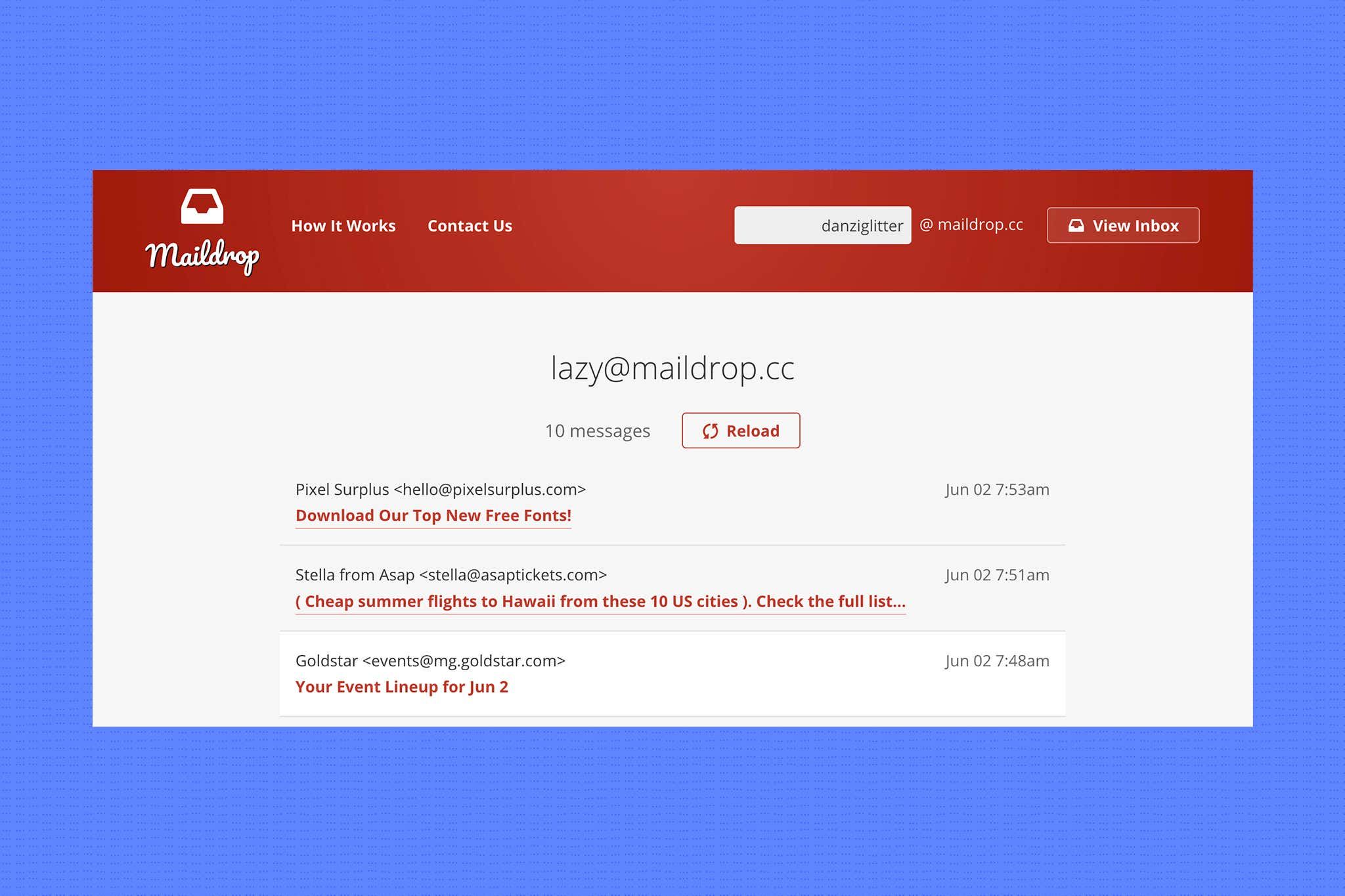 Maildrop web inbox listing received messages in a browser with no login prompt
