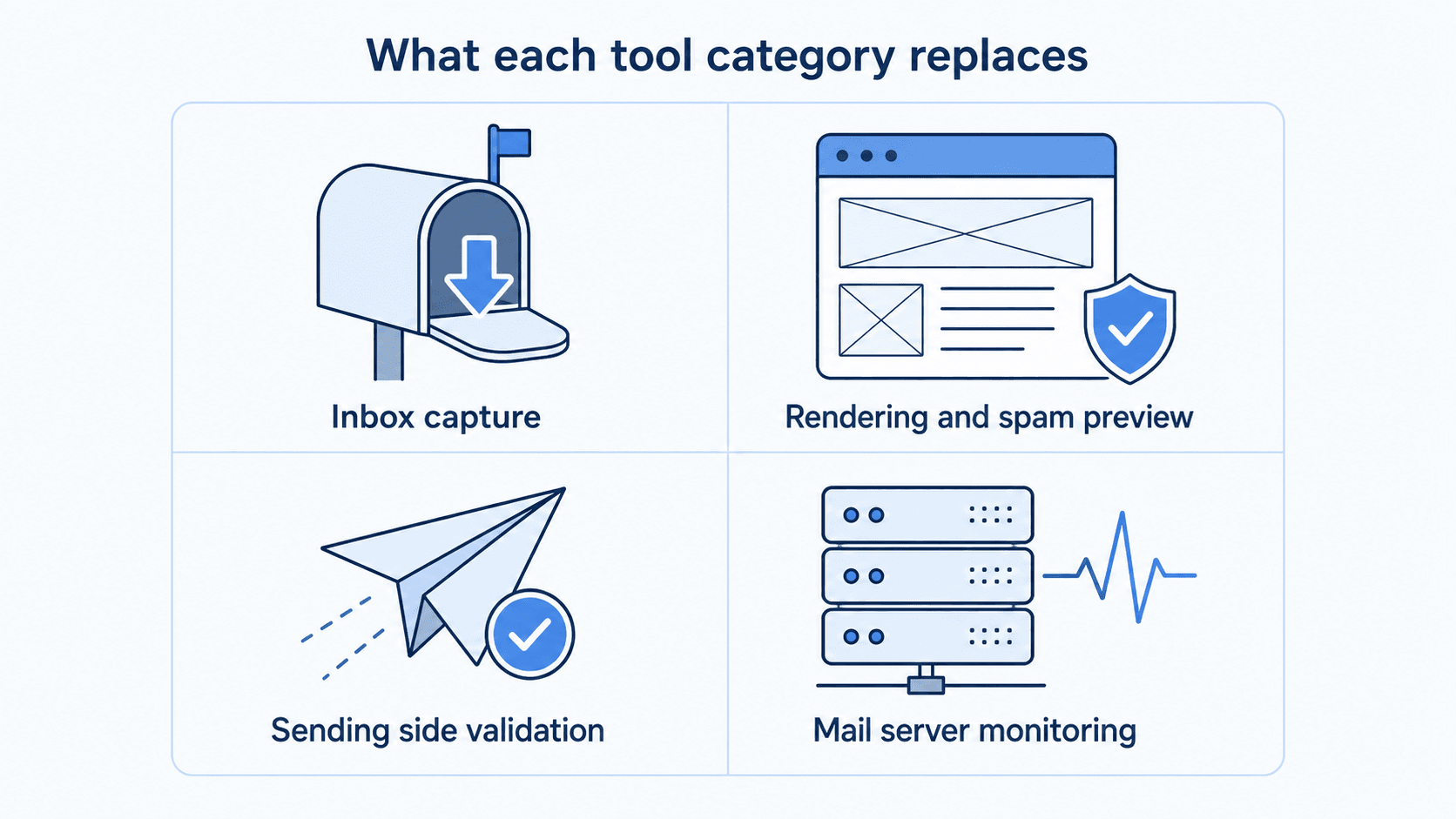 Four jobs the alternative tools cover: inbox capture, rendering and spam preview, sending side validation, and mail server monitoring