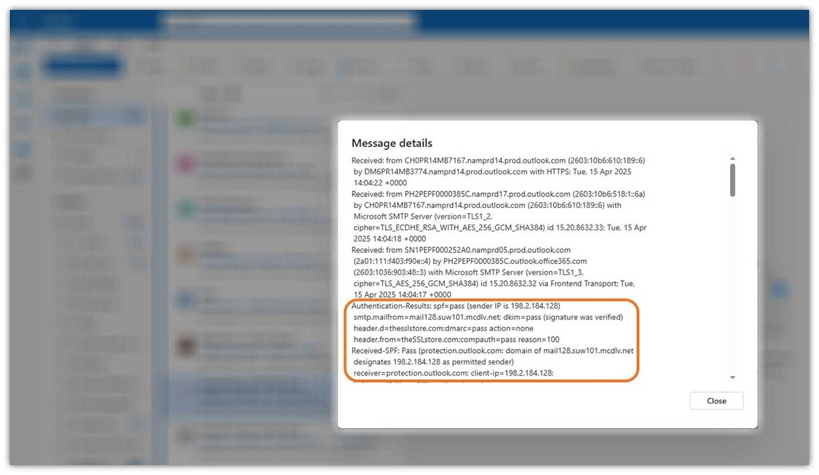 SPF pass and DKIM pass example for Microsoft bulk sender authentication