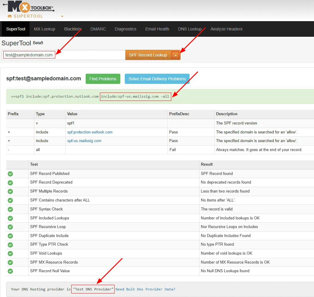 SPF record lookup result in an online checker tool