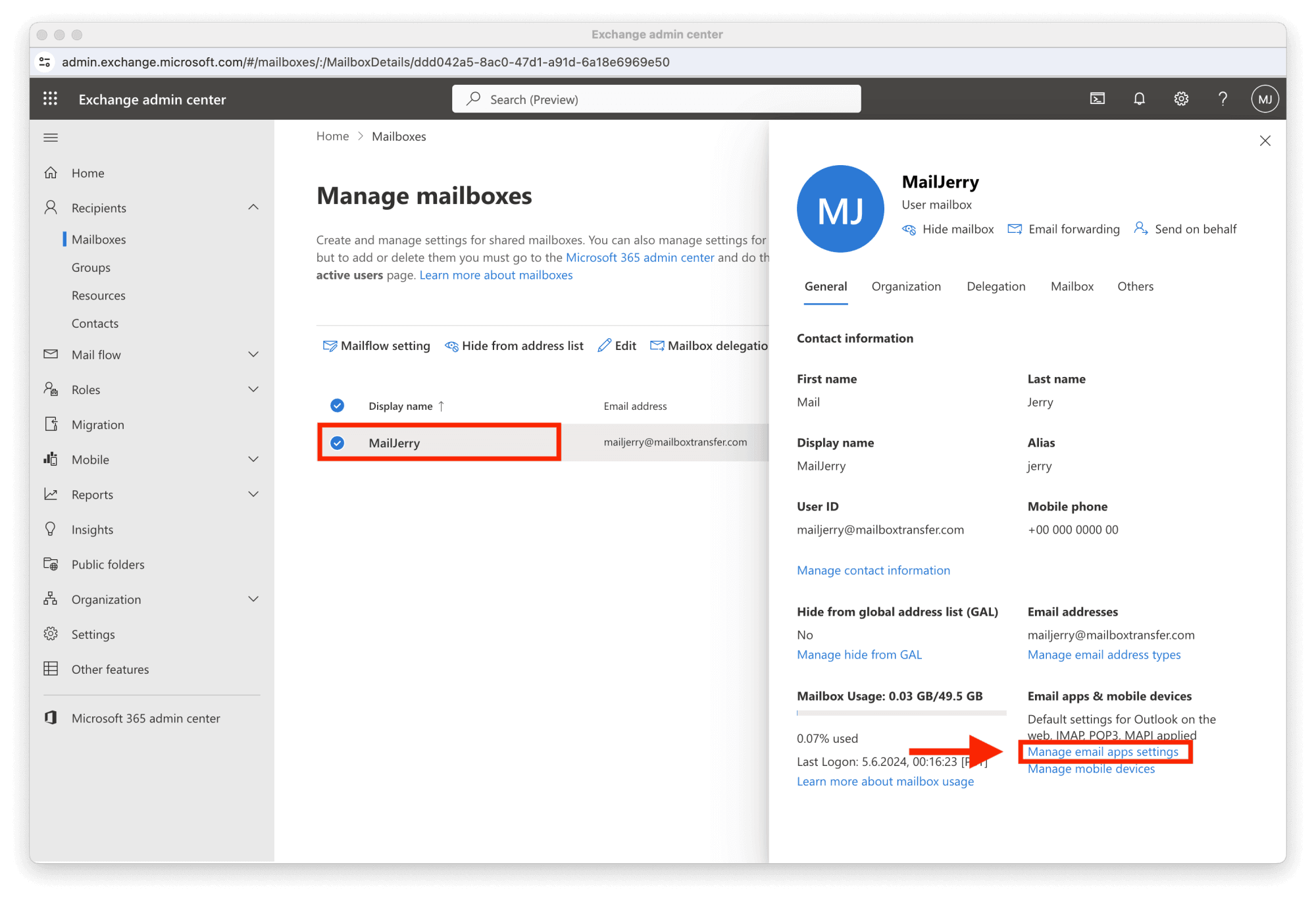 Exchange admin center mailbox settings panel used to manage email apps in Microsoft 365