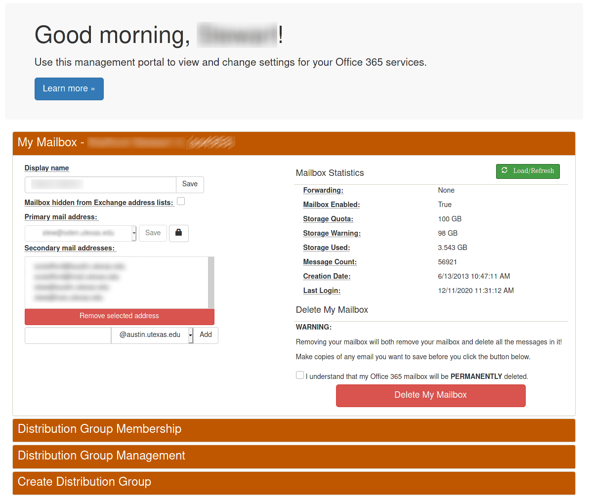 Microsoft 365 management console showing mail flow and account configuration options