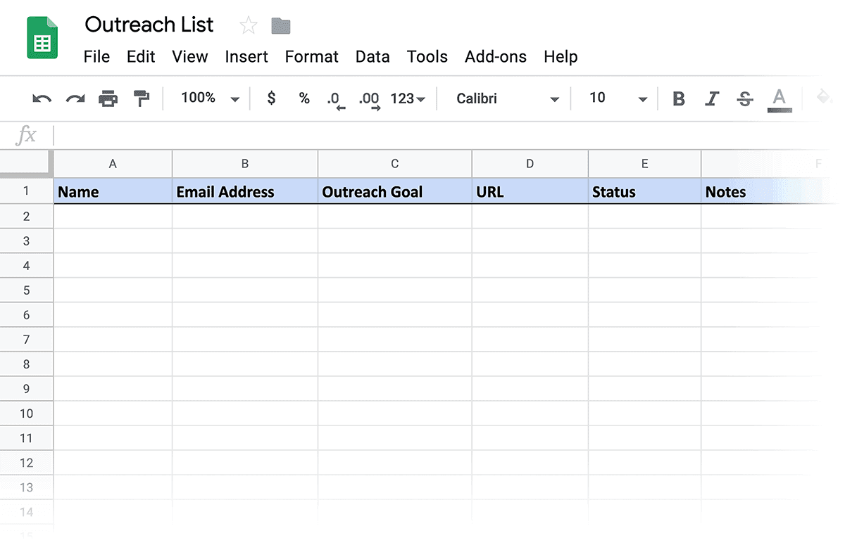 Outreach list template laid out in Google Sheets