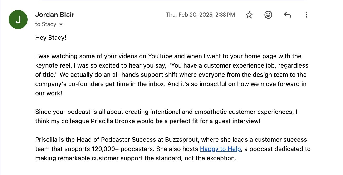 A personalized podcast guest pitch email