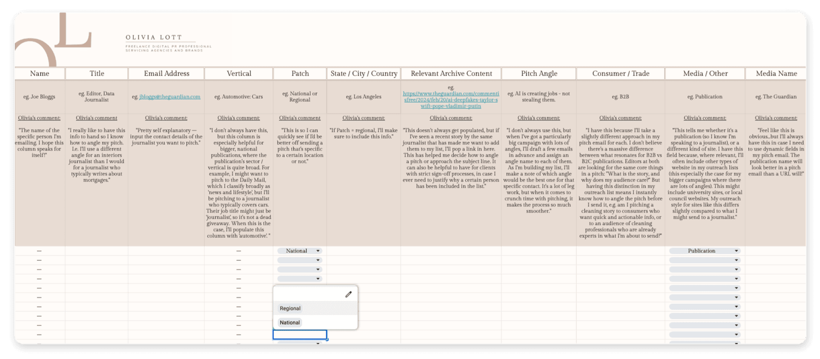 Media list template tracking PR contact names, titles, and emails