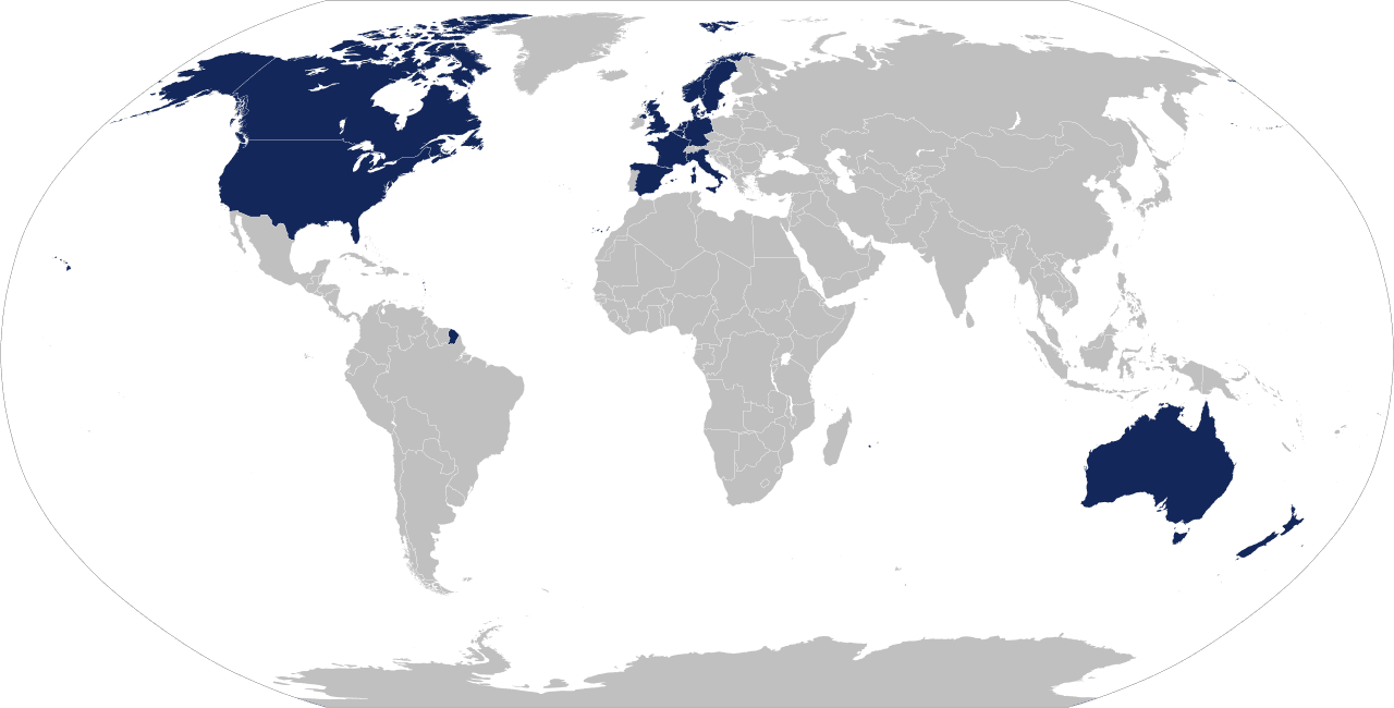 World map highlighting the fourteen countries in the Five, Nine and Fourteen Eyes intelligence-sharing groupings, with Switzerland unshaded